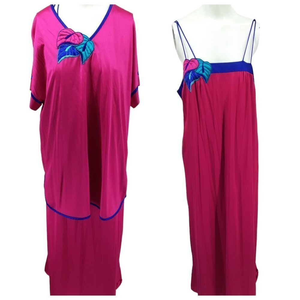 Vintage Pajama Chemise Cover Up Set Size M Pink Satin 80s Top Pajamas Nightgown